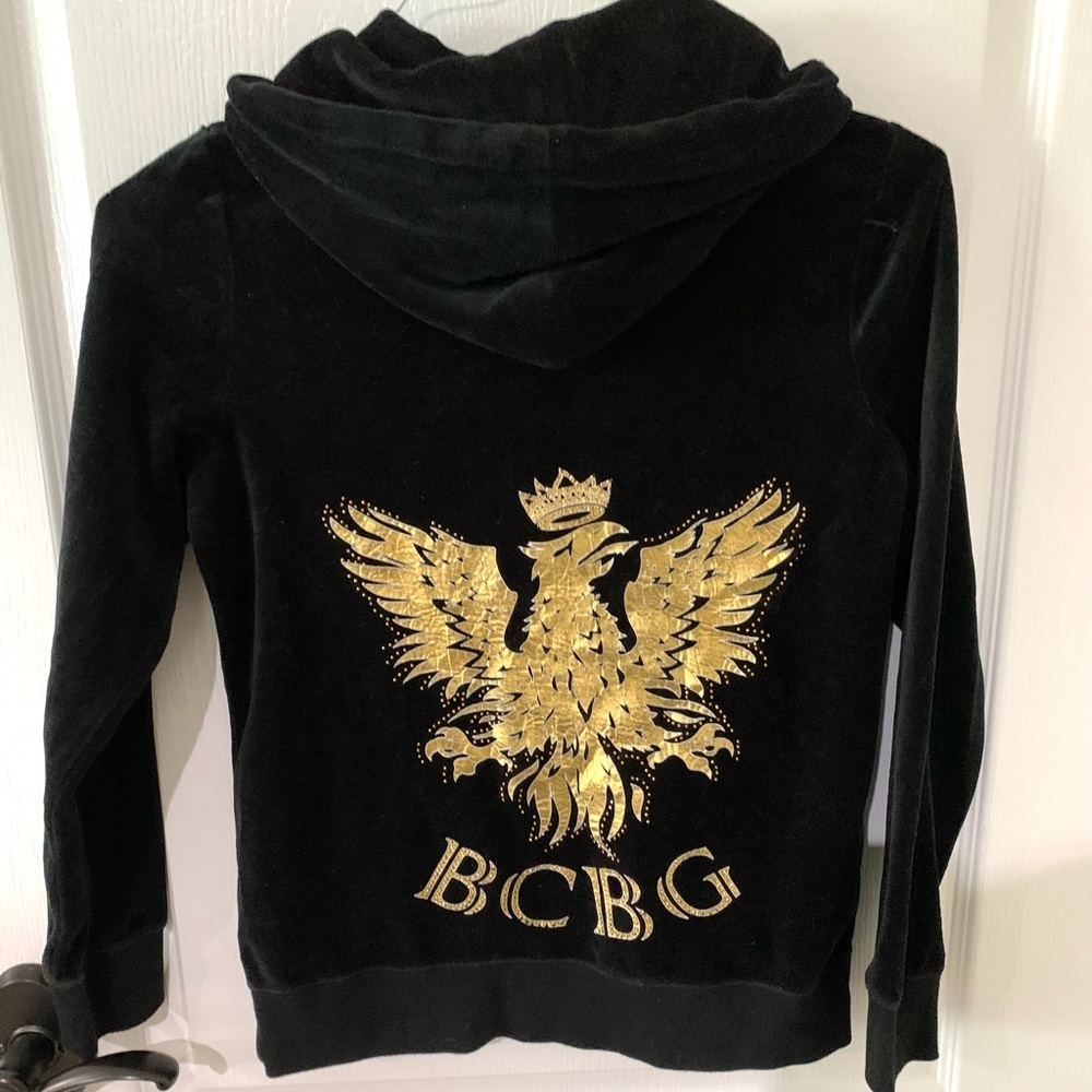 BCBG Maxazria Black & Gold Zip Velour Jacket Hoodie - Picture 3 of 7
